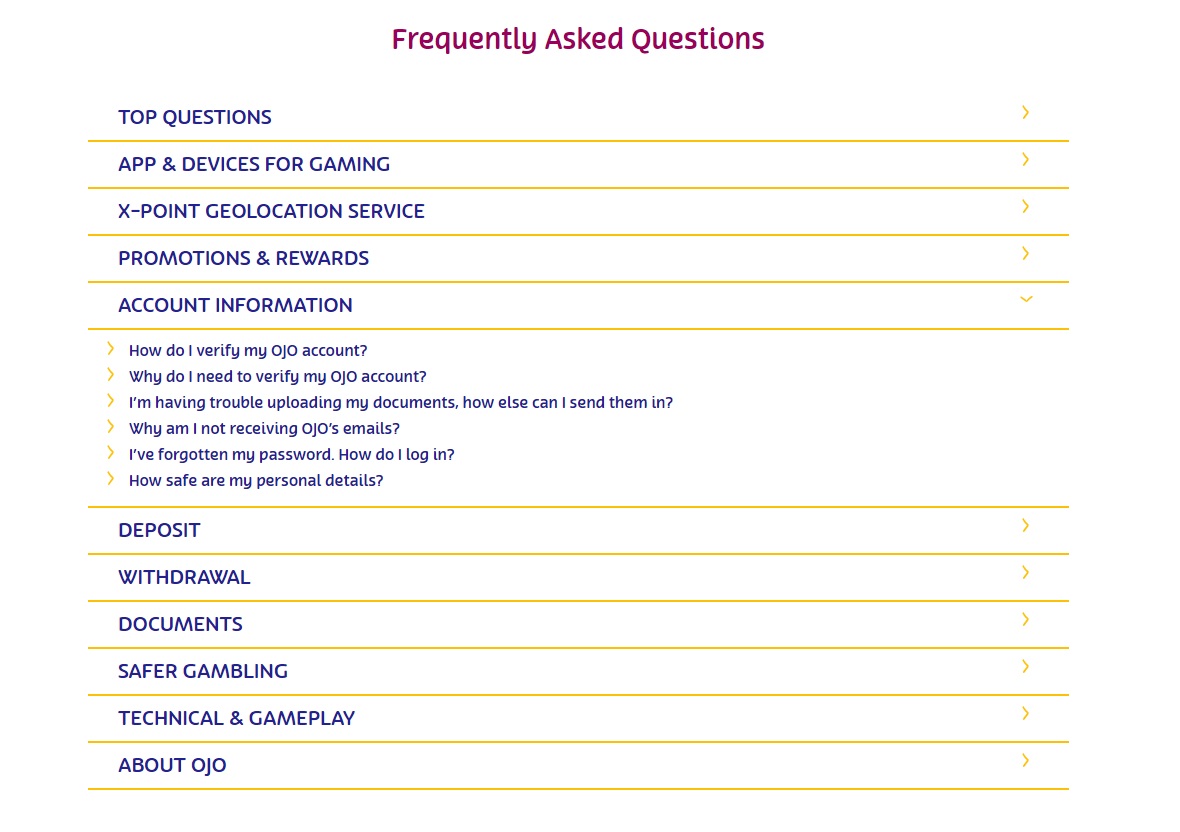 Customer Service in a Casino - Screenshot of PlayOJO FAQ - MGJ