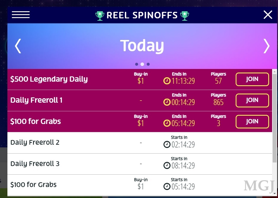 Freeroll Slots Tournamnet - Screenshot of PlayOJO Reel Spinoffs Tournaments - MGJ