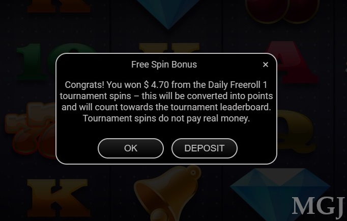 Freerolls Slots Tournament - Screenshot of Daily Freeroll 1 Total Win Amount - MGJ