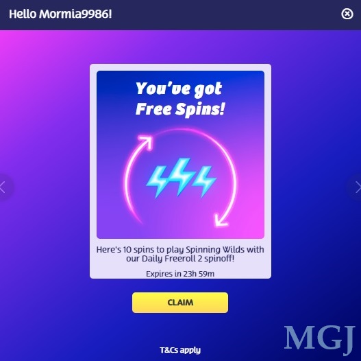 Freerolls Slots Tournament - Screenshot of PlayOJO Spins Reward for Daily Freeroll 2 - MGJ