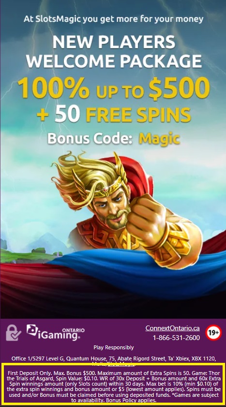 Screenshot of SlotsMagic Welcome Offer for Ontario Players - Image Source - SlotsMagic.ca - MGJ