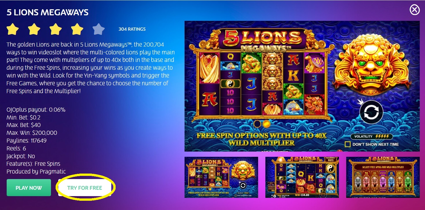 Top Three Ways to Play Free Casino Games Online 11 Screenshot of 5 Lions Megaways Play Screen from PlayOJO Ontario - MGJ