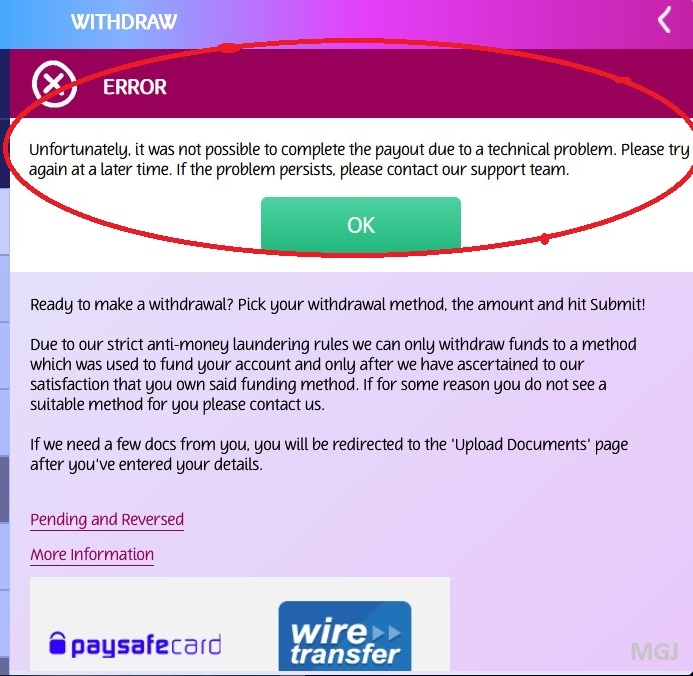 Paysafecard casino withdrawal error - Screenshot PlayOJO Ontario - MGJ
