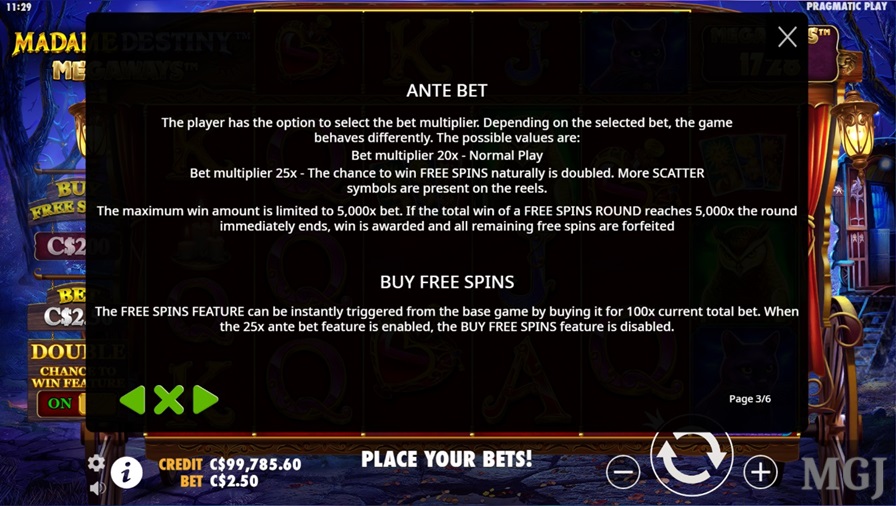 Screenshot Madame Destiny Megaways Buy Free Spin and Ante Bet Info from Paytable - Pragmatic Play - MGJ