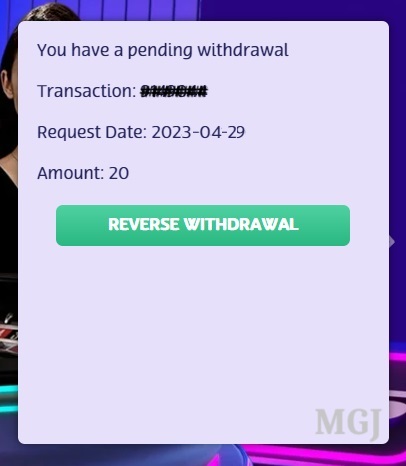 Screenshot of PlayOJO Wire Transfer Withdrawal Pending - MGJ