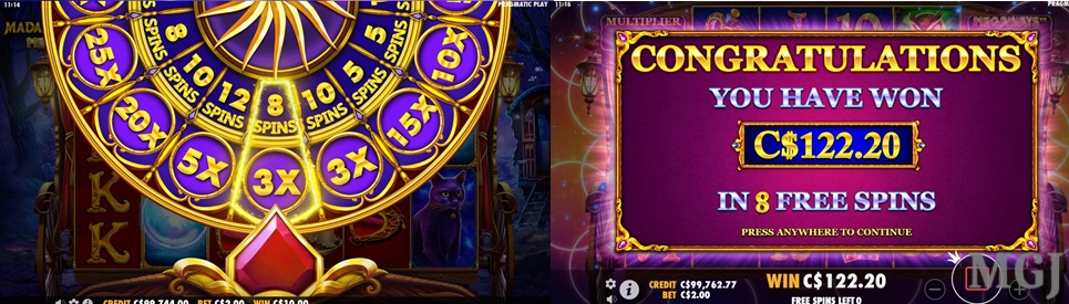 Screenshot of Pragmatic Play's Madame Destiny Megaways Slot - 8 Free Spins and Win - MGJ