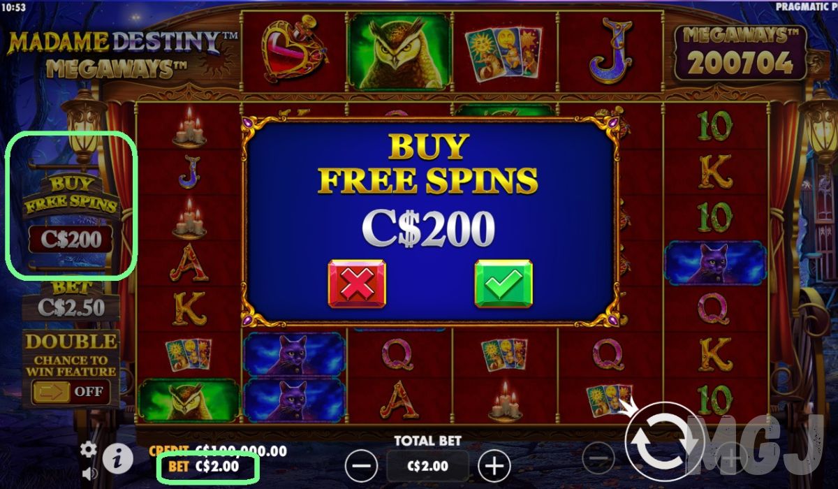 Screenshot of Pragmatic Play's Madame Destiny Megaways Slot - Buy Free Spins Price - MGJ