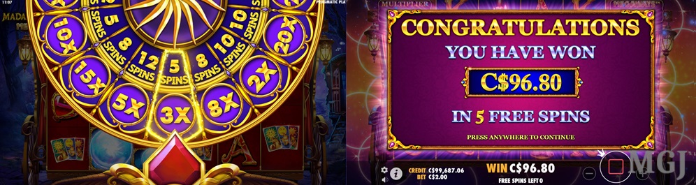 Screenshot of Pragmatic Play's Madame Destiny Megaways Slot - Buy Free Spins Win Screenshot - MGJ