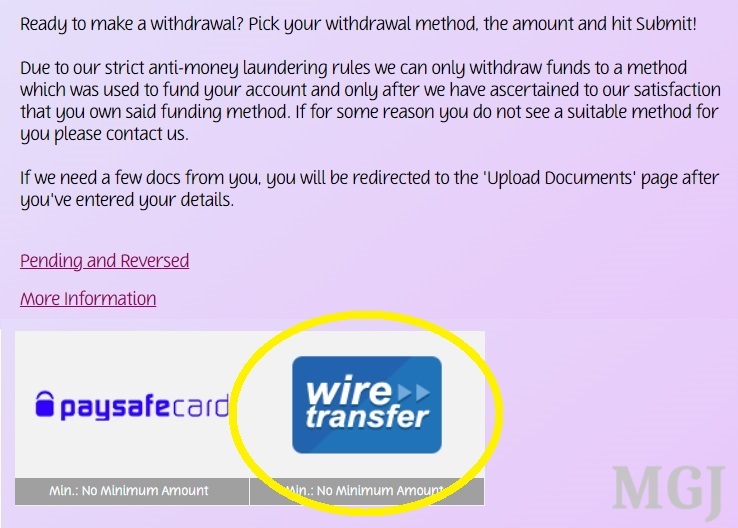 Screenshot of Wire Transfer Withdraw PlayOJO - MGJ