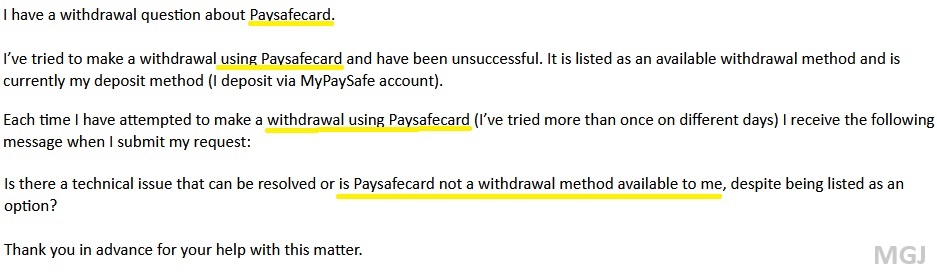 Screenshot of my Paysafecard withdrawal question email - MGJ