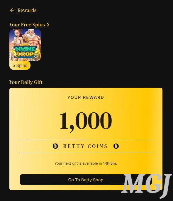 Betty Coins – Is This Betty Casino Perk Any Good? 28 Betty Coins - Rewards Section Screenshot - Betty Casino - MGJ
